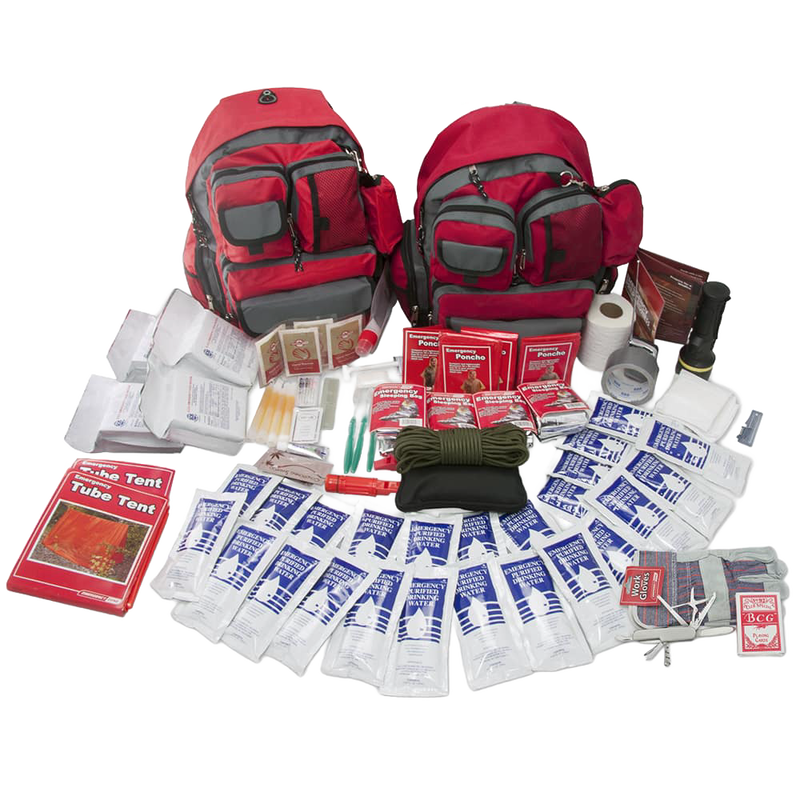 Two red backpacks surrounded by assorted emergency survival supplies including water pouches, food packets, a manual tent, rope, flashlight, and basic first aid items for a mid-level family emergency kit in Farm, Garden & Tool and Emergency Supplies collections.