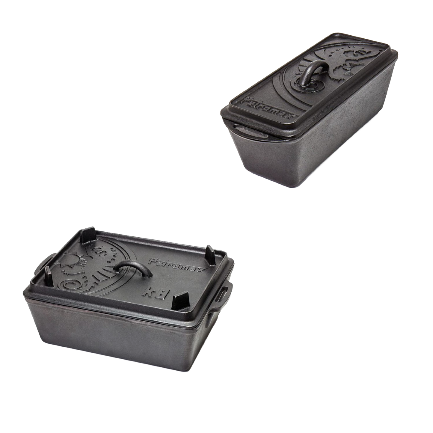 Two heavy-duty cast iron loaf pans with embossed lids designed for versatile baking, ideal for kitchen, camping, cookware, and bread making supplies collections.