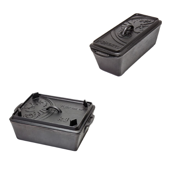 Two heavy-duty cast iron loaf pans with embossed lids designed for versatile baking, ideal for kitchen, camping, cookware, and bread making supplies collections.