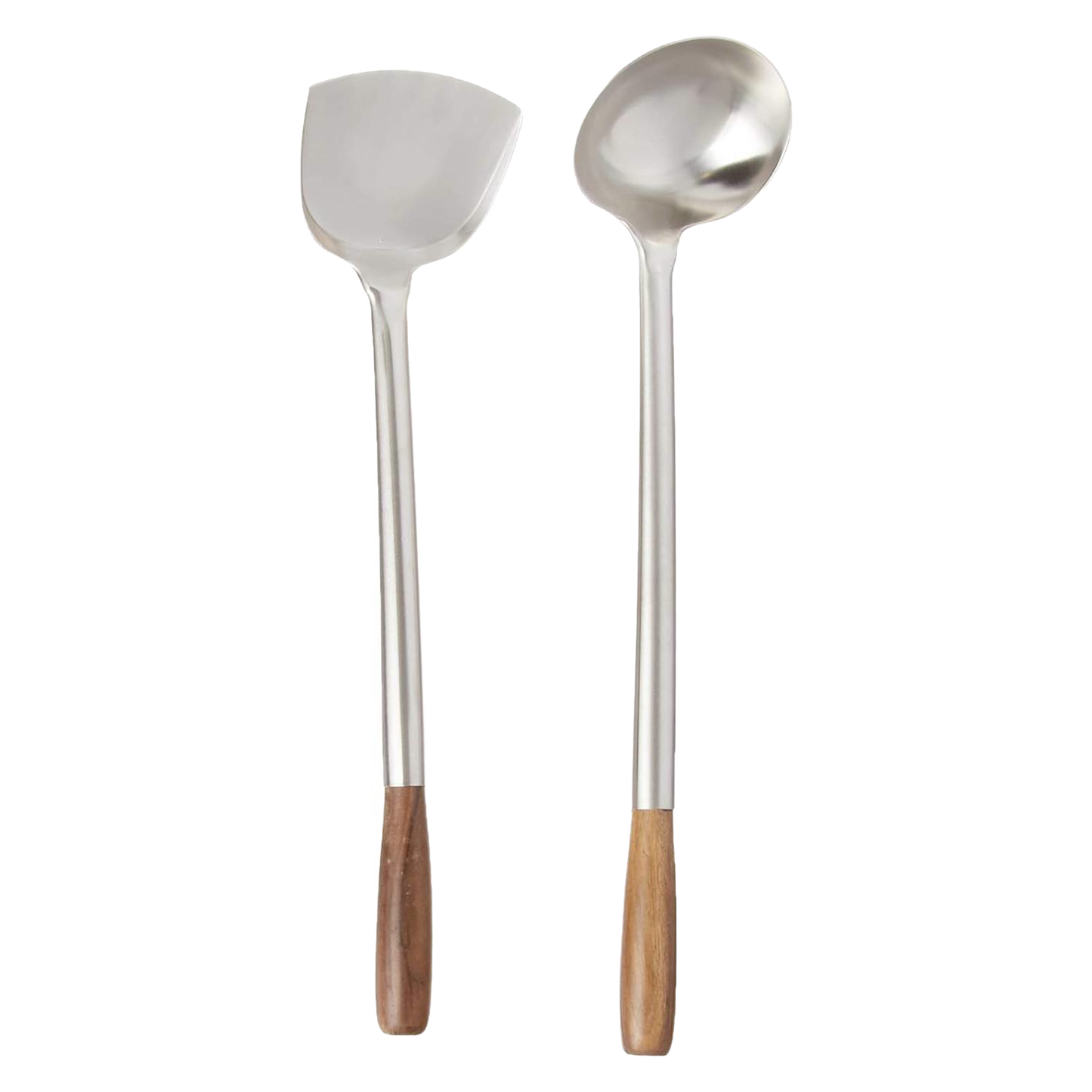 Set of two stainless steel wok utensils with wooden handles, featuring a spatula and a ladle designed for stir-fry cooking, included in Kitchen & Food and Kitchen Gadgets collections.