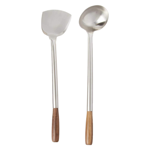 Set of two stainless steel wok utensils with wooden handles, featuring a spatula and a ladle designed for stir-fry cooking, included in Kitchen & Food and Kitchen Gadgets collections.