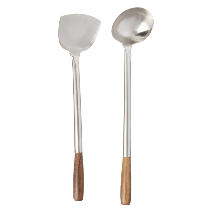 Set of two stainless steel wok utensils with wooden handles, featuring a spatula and a ladle designed for stir-fry cooking, included in Kitchen & Food and Kitchen Gadgets collections.