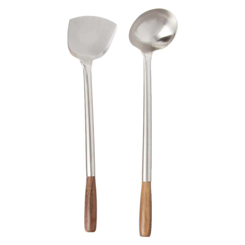 Set of two stainless steel wok utensils with wooden handles, featuring a spatula and a ladle designed for stir-fry cooking, included in Kitchen & Food and Kitchen Gadgets collections.