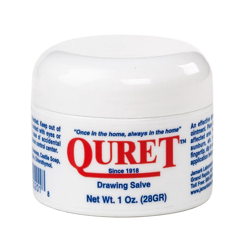 Small white jar of Quret Old-Time Cream drawing salve with red and blue text, handcrafted and made in USA, ideal for Health & Wellness, Health Remedies, and Best Sellers collections.