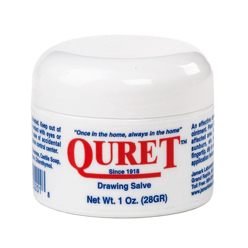 Small white jar of Quret Old-Time Cream drawing salve with red and blue text, handcrafted and made in USA, ideal for Health & Wellness, Health Remedies, and Best Sellers collections.