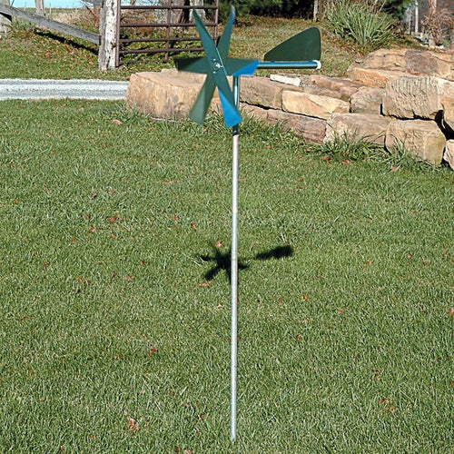Handcrafted mole deterrent windmill with metal blades and tail vane mounted on a slender post, designed for effective, humane pest control in Farm, Garden & Tool, Lawncare, Pest Control, and Best Sellers collections.