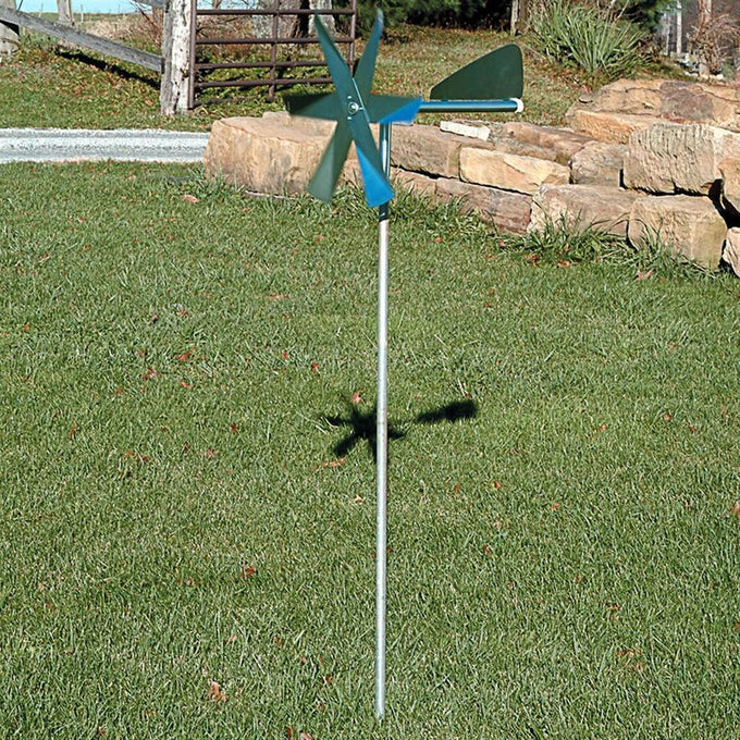 Handcrafted mole deterrent windmill with metal blades and tail vane mounted on a slender post, designed for effective, humane pest control in Farm, Garden & Tool, Lawncare, Pest Control, and Best Sellers collections.