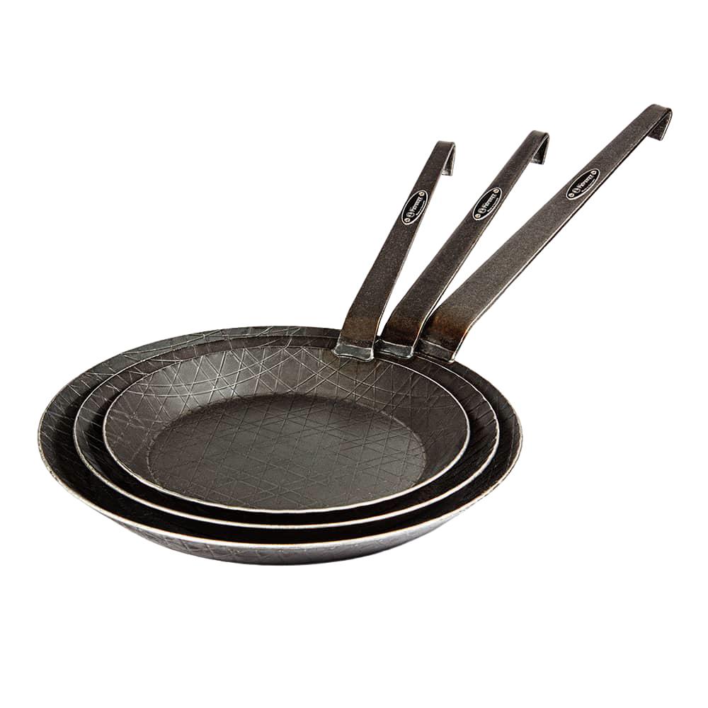Set of three handcrafted wrought iron pans with textured cooking surfaces and sturdy handles, perfect for Farm, Garden & Tool, Kitchen & Food, Camping, Cookware, and Best Sellers collections.