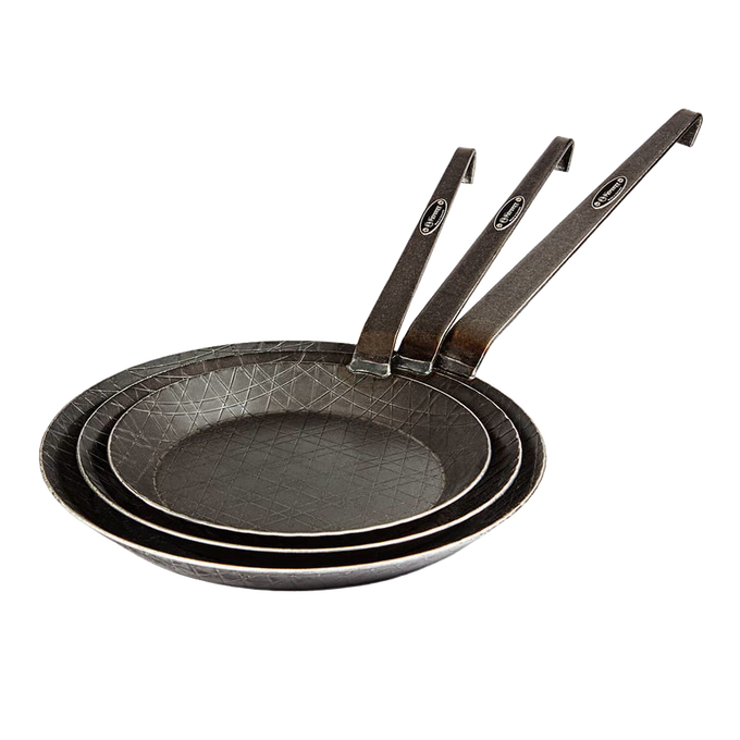 Set of three handcrafted wrought iron pans with textured cooking surfaces and sturdy handles, perfect for Farm, Garden & Tool, Kitchen & Food, Camping, Cookware, and Best Sellers collections.