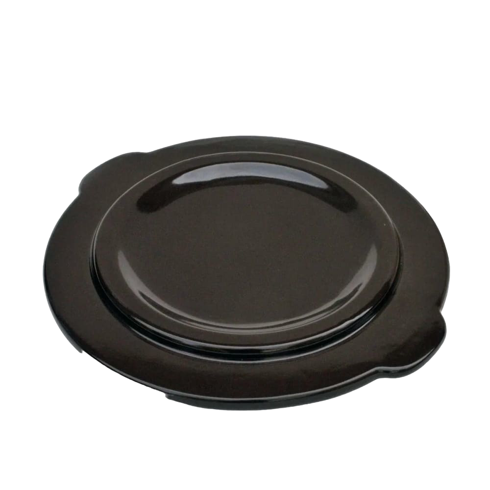 Smooth dark brown stoneware crock lid with side handles, handcrafted in the USA, designed for food preservation and fermenting in kitchen and pickling collections.