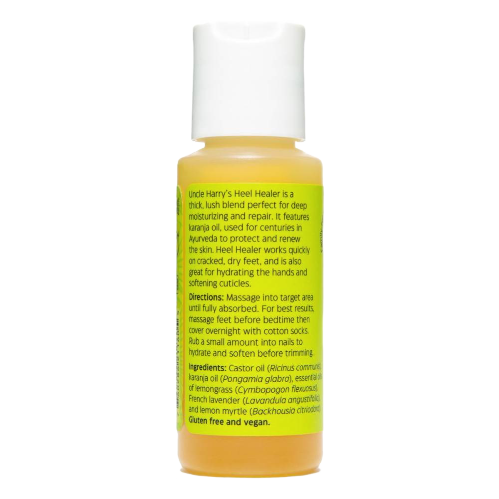 Small plastic bottle of Uncle Harry's Heel Healer with a white flip cap, featuring a yellow label detailing ingredients and usage, perfect for deep moisturizing and skin repair in Health & Wellness collections.