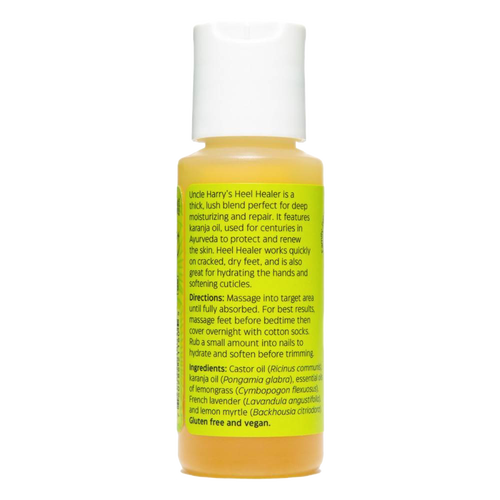 Small plastic bottle of Uncle Harry's Heel Healer with a white flip cap, featuring a yellow label detailing ingredients and usage, perfect for deep moisturizing and skin repair in Health & Wellness collections.