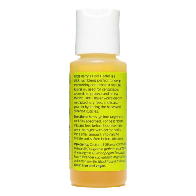 Small plastic bottle of Uncle Harry's Heel Healer with a white flip cap, featuring a yellow label detailing ingredients and usage, perfect for deep moisturizing and skin repair in Health & Wellness collections.