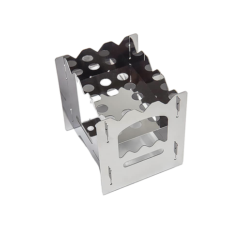 Foldable stainless steel camping stove with perforated design for efficient airflow and branch burning, ideal for Farm, Garden & Tool, Camping, Emergency Supplies, and Best Sellers collections.