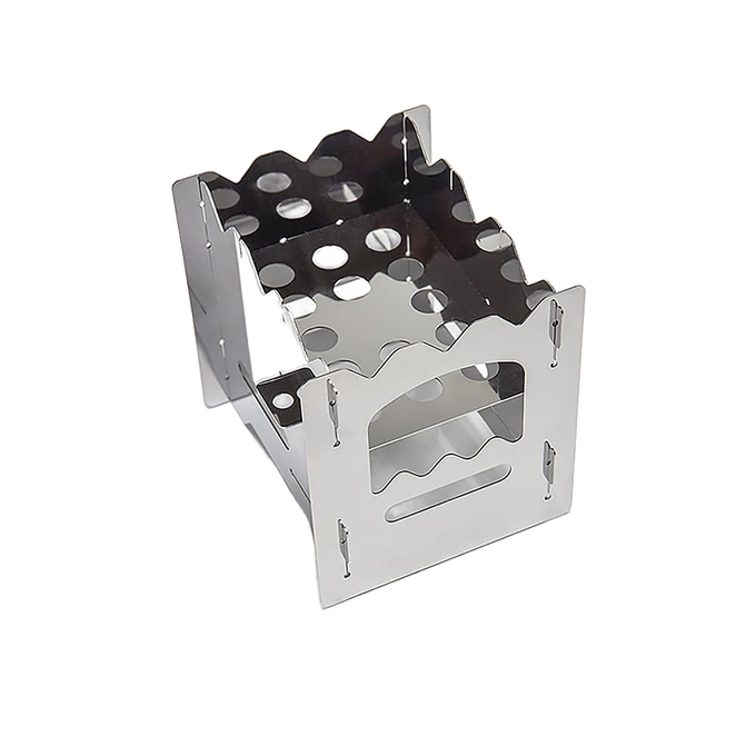 Foldable stainless steel camping stove with perforated design for efficient airflow and branch burning, ideal for Farm, Garden & Tool, Camping, Emergency Supplies, and Best Sellers collections.