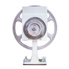 Top view of a handcrafted, amish-made grain mill featuring aircraft aluminum flywheel and machined carbon steel burrs, designed for farm, kitchen, and emergency use.