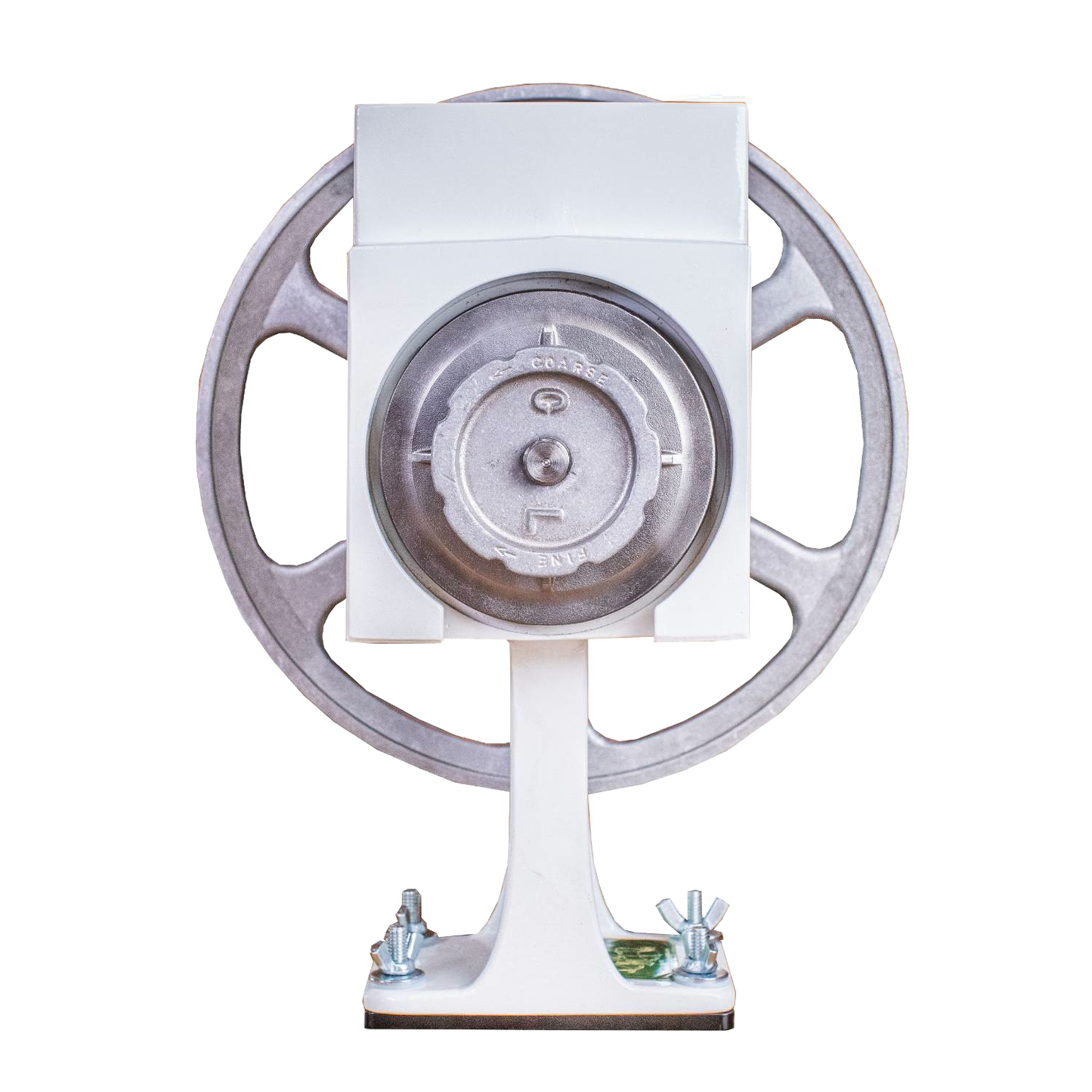 Top view of a handcrafted, amish-made grain mill featuring aircraft aluminum flywheel and machined carbon steel burrs, designed for farm, kitchen, and emergency use.
