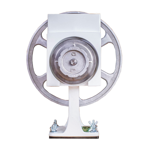 Top view of a handcrafted, amish-made grain mill featuring aircraft aluminum flywheel and machined carbon steel burrs, designed for farm, kitchen, and emergency use.