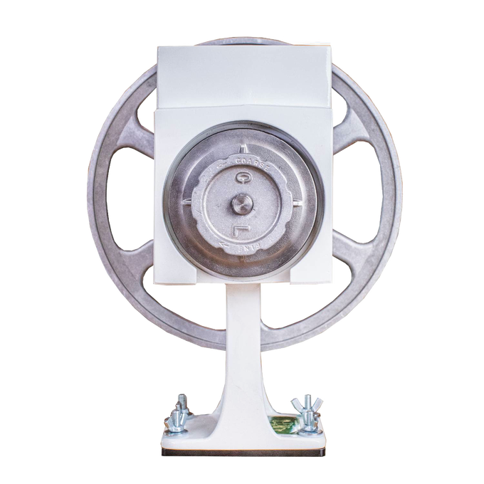 Top view of a handcrafted, amish-made grain mill featuring aircraft aluminum flywheel and machined carbon steel burrs, designed for farm, kitchen, and emergency use.