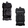 Pair of handcrafted black cast iron wall-mounted match holders with vintage design and detailed scrollwork, made in USA, ideal for Home & Decor and Best Sellers collections.