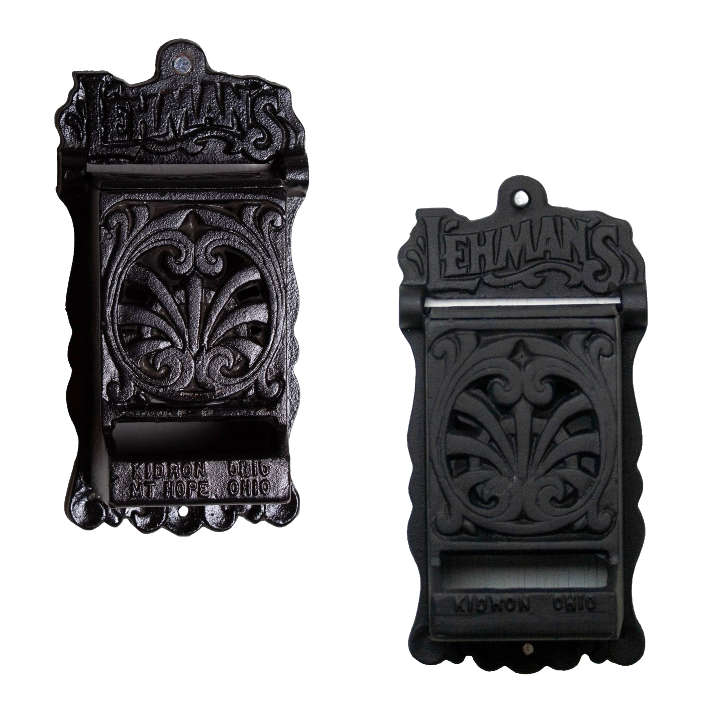 Pair of handcrafted black cast iron wall-mounted match holders with vintage design and detailed scrollwork, made in USA, ideal for Home & Decor and Best Sellers collections.
