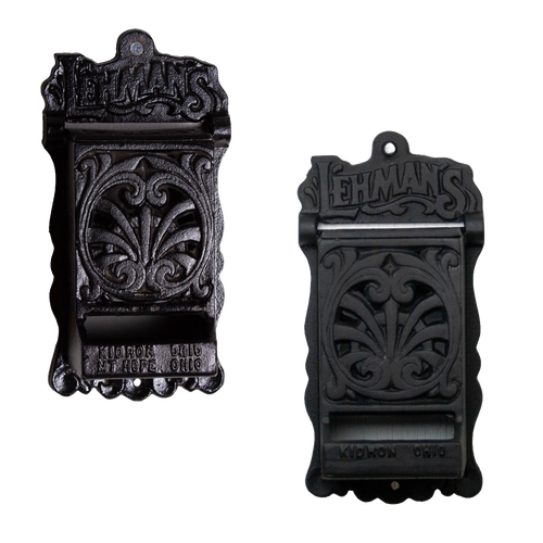 Pair of handcrafted black cast iron wall-mounted match holders with vintage design and detailed scrollwork, made in USA, ideal for Home & Decor and Best Sellers collections.