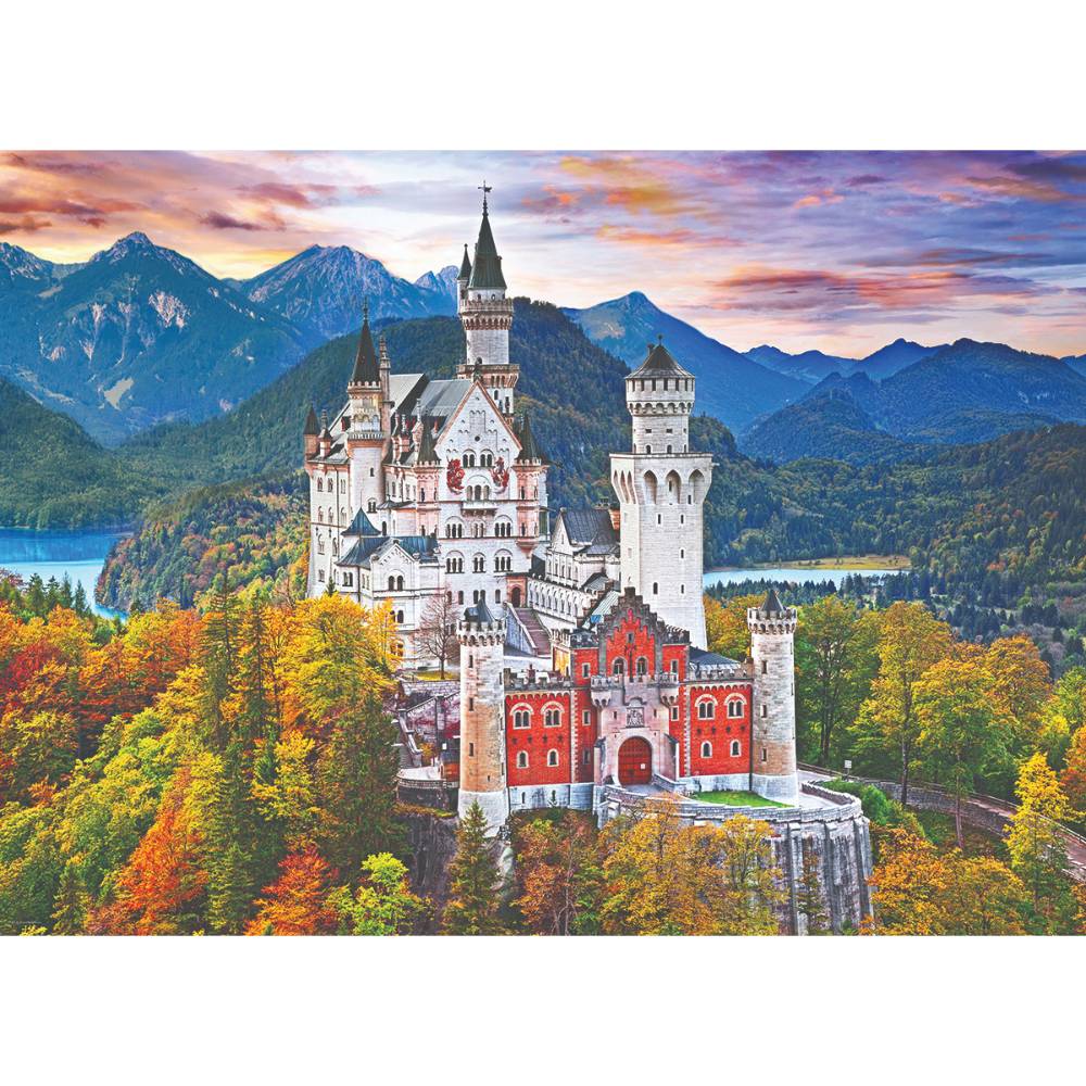 Vivid image of a majestic castle surrounded by colorful autumn trees and mountain lakes, featured in Toys, Books & Games, Puzzles, USA Made, and Best Sellers collections.