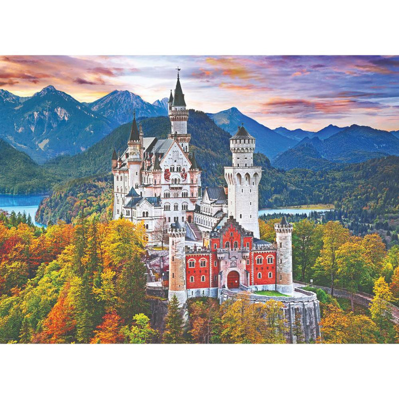 Vivid image of a majestic castle surrounded by colorful autumn trees and mountain lakes, featured in Toys, Books & Games, Puzzles, USA Made, and Best Sellers collections.