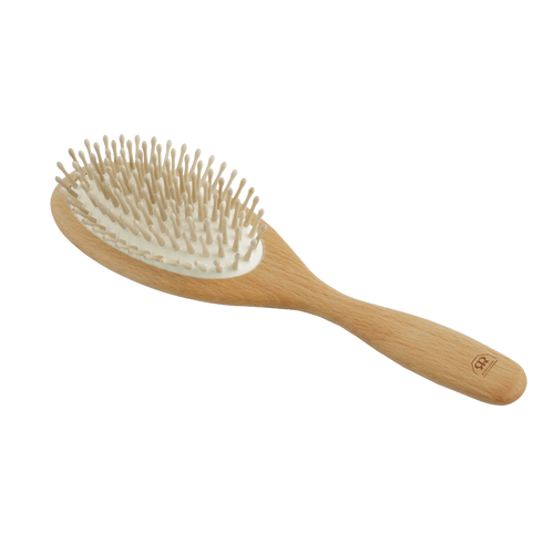 Handcrafted large wooden hairbrush with smooth olive wood handle and nine rows of gentle hornbeam pins, designed for soothing scalp care, featured in Health & Wellness and Grooming collections.