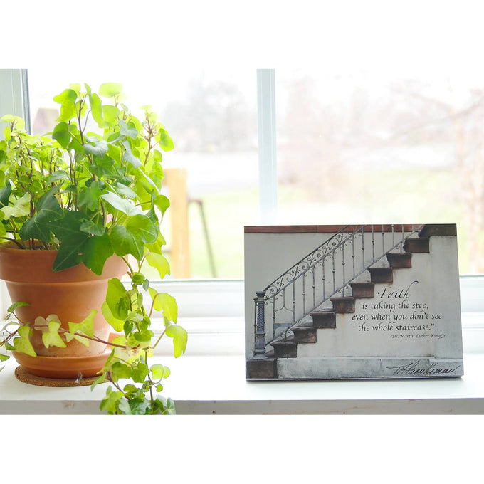 Handcrafted 5"x7" plaque featuring a photograph of a staircase with the inspirational Bible verse “Faith is taking the step, even when you don’t see the whole staircase,” perfect for Home & Decor, Decor, Best Sellers, and Promo Eligible collections.