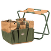 Compact sturdy garden tool stool with durable canvas seat and attached multi-pocket organizer bag in earthy green and tan hues, perfect for farm, garden, and planting tasks.