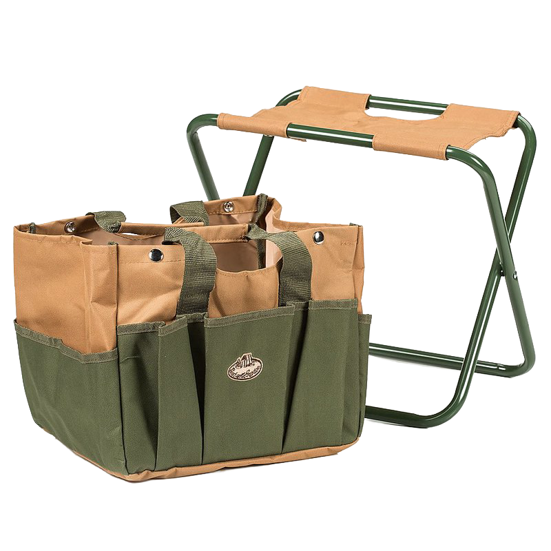 Compact sturdy garden tool stool with durable canvas seat and attached multi-pocket organizer bag in earthy green and tan hues, perfect for farm, garden, and planting tasks.