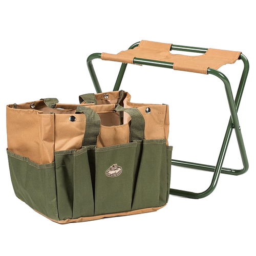 Compact sturdy garden tool stool with durable canvas seat and attached multi-pocket organizer bag in earthy green and tan hues, perfect for farm, garden, and planting tasks.
