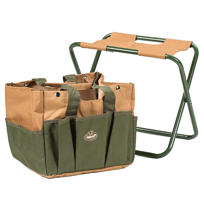 Compact sturdy garden tool stool with durable canvas seat and attached multi-pocket organizer bag in earthy green and tan hues, perfect for farm, garden, and planting tasks.