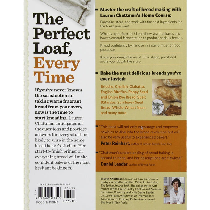 Back cover of a cookbook focused on bread making, featuring detailed tips from Lauren Chattman, with images of rustic breads, suitable for cookbooks and best sellers collections.