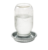 Handcrafted jar waterer with galvanized metal base and clear quart glass jar filled with water, designed for flock hydration in Farm, Garden & Tool and Animal Care collections.