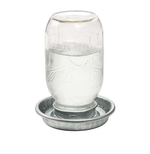 Handcrafted jar waterer with galvanized metal base and clear quart glass jar filled with water, designed for flock hydration in Farm, Garden & Tool and Animal Care collections.