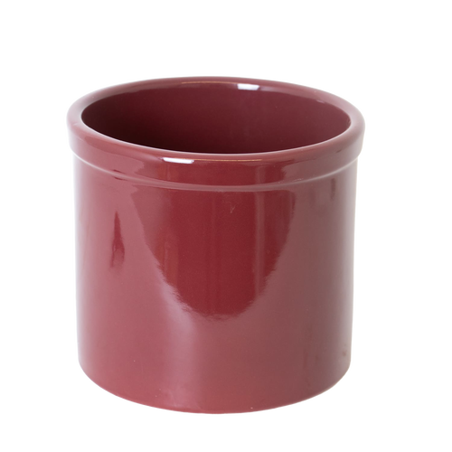 Glossy red stoneware crock with smooth, lead-free food-safe glaze, handcrafted in USA, ideal for fermenting, pickling, and kitchen use, featured in Food Preservation and USA Made collections.