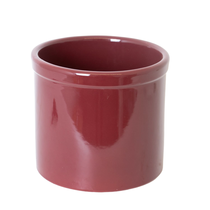Glossy red stoneware crock with smooth, lead-free food-safe glaze, handcrafted in USA, ideal for fermenting, pickling, and kitchen use, featured in Food Preservation and USA Made collections.