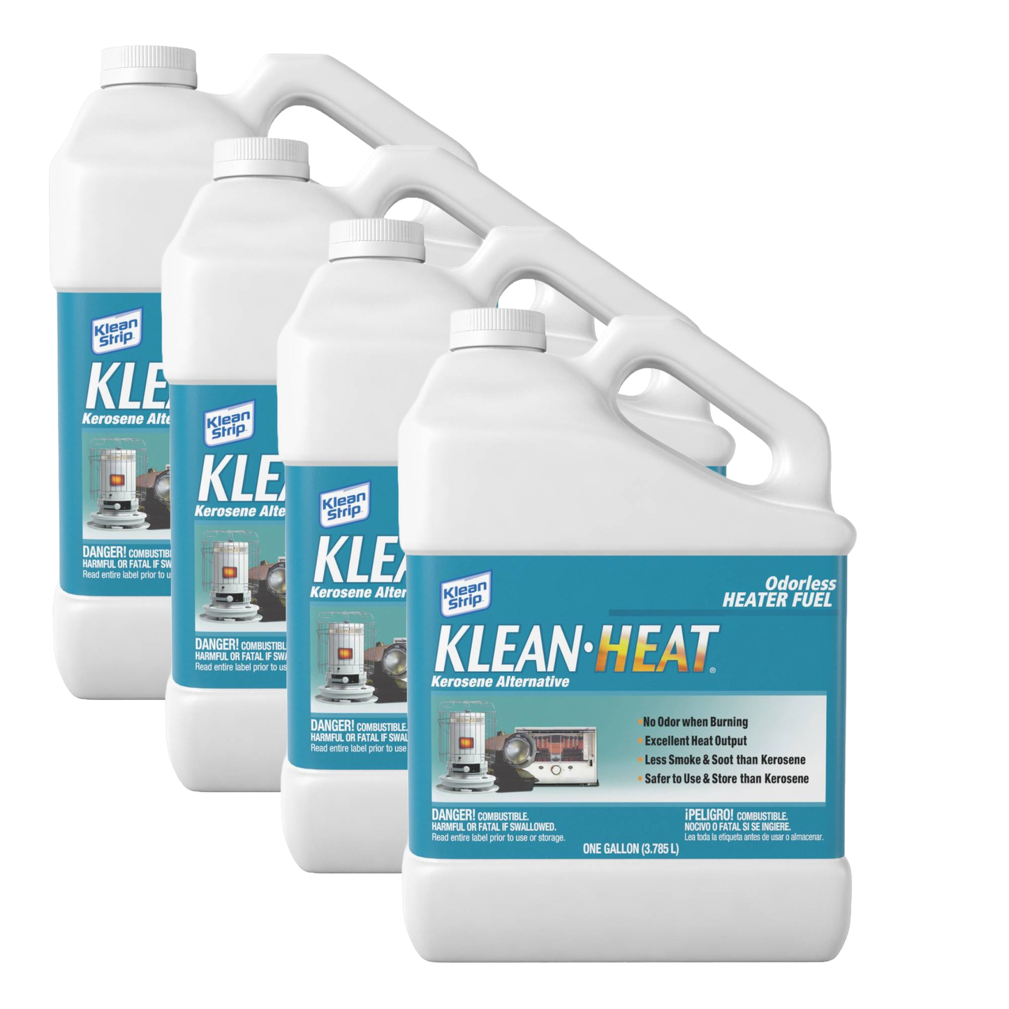Four white gallon jugs of odorless heater fuel, labeled as a kerosene alternative, designed for lamps and heaters, featured in Farm, Garden & Tool and Emergency Supplies collections.