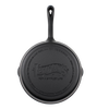 Handcrafted black nitrogen-hardened cast iron skillet with smooth finish and engraved Lehman's logo, designed for reduced sticking and durability, featured in Kitchen & Food and Cookware collections.