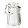 Shiny stainless steel percolator with clear glass lid knob, angular side handle, and spout, designed for gentle coffee and tea brewing in Camping, Kitchen & Food, and Brewing Coffee and Tea collections.