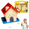 Colorful wooden birdhouse with red roof and blue base, decorated with green stars, shown alongside a DIY assembly kit and a smiling child giving a thumbs-up, featured in Toys and Crafts collections.
