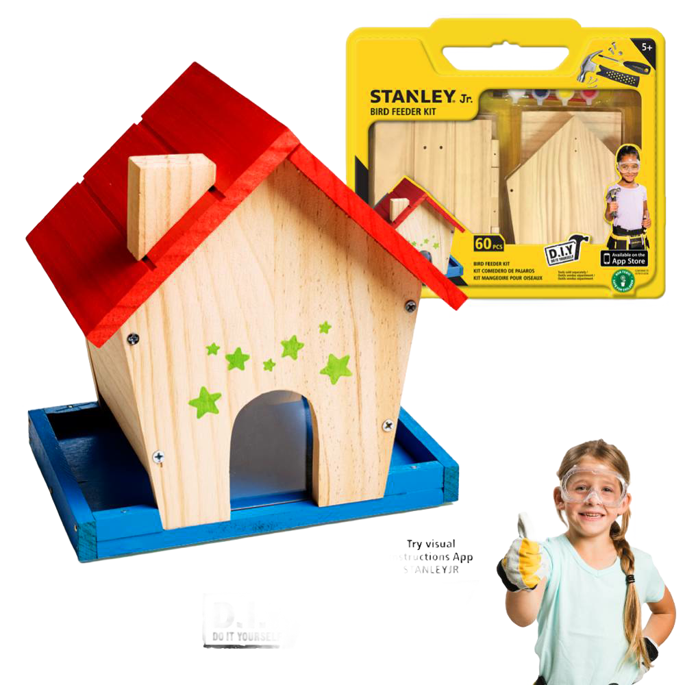 Colorful wooden birdhouse with red roof and blue base, decorated with green stars, shown alongside a DIY assembly kit and a smiling child giving a thumbs-up, featured in Toys and Crafts collections.