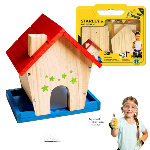 Colorful wooden birdhouse with red roof and blue base, decorated with green stars, shown alongside a DIY assembly kit and a smiling child giving a thumbs-up, featured in Toys and Crafts collections.