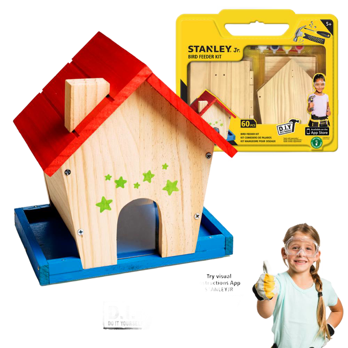 Colorful wooden birdhouse with red roof and blue base, decorated with green stars, shown alongside a DIY assembly kit and a smiling child giving a thumbs-up, featured in Toys and Crafts collections.