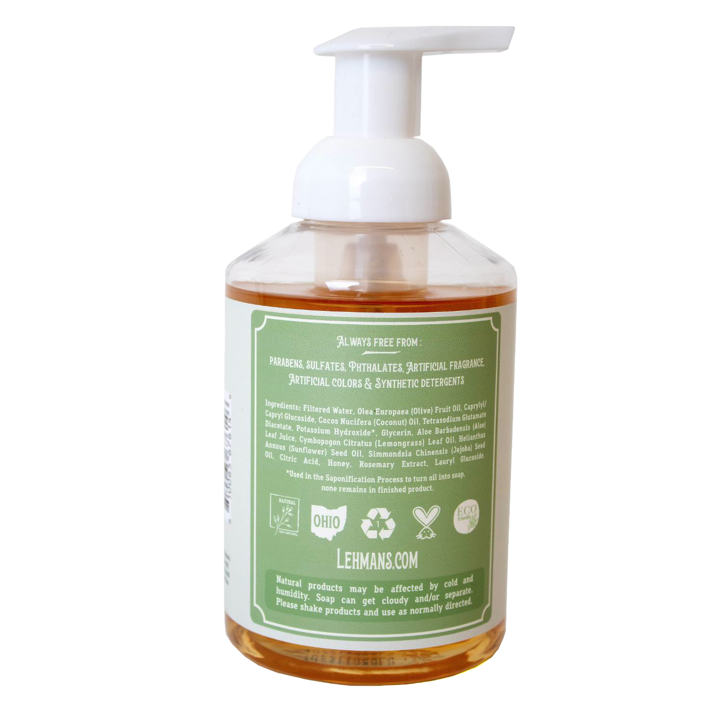 Clear pump bottle of Lehman’s Castile moisturizing foaming hand soap with natural oils, made in USA, part of Health & Wellness, Grooming, and Soaps collections, highlighting a gentle and eco-friendly formula.