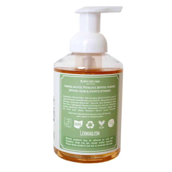 Clear pump bottle of Lehman’s Castile moisturizing foaming hand soap with natural oils, made in USA, part of Health & Wellness, Grooming, and Soaps collections, highlighting a gentle and eco-friendly formula.