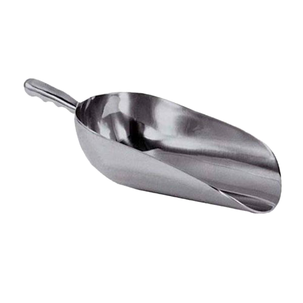 Heavy-duty cast aluminum scoop with contoured handle and polished mirror finish, designed for easy grain handling, featured in Farm, Garden & Tool, Farm Tools, Best Sellers, and Promo Eligible collections.