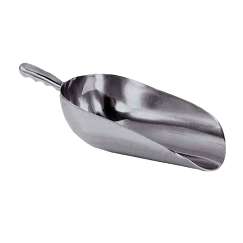 Heavy-duty cast aluminum scoop with contoured handle and polished mirror finish, designed for easy grain handling, featured in Farm, Garden & Tool, Farm Tools, Best Sellers, and Promo Eligible collections.